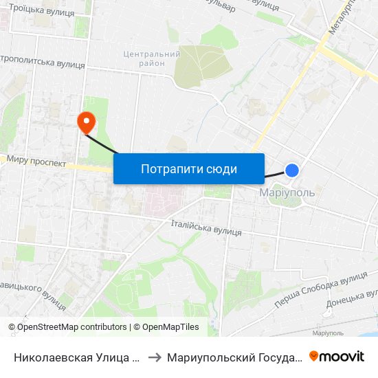 Николаевская Улица (Миколаївська Вулиця) to Мариупольский Государственный Университет map