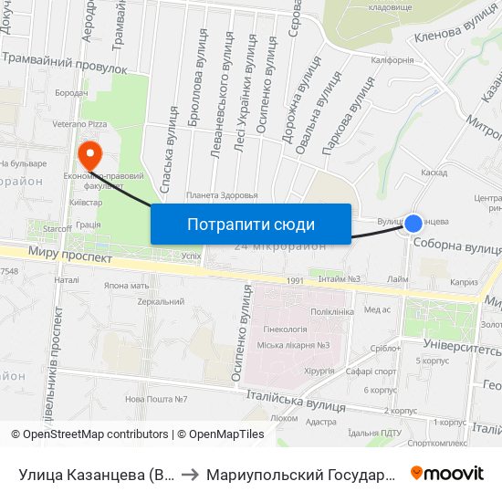 Улица Казанцева (Вулиця Казанцева) to Мариупольский Государственный Университет map