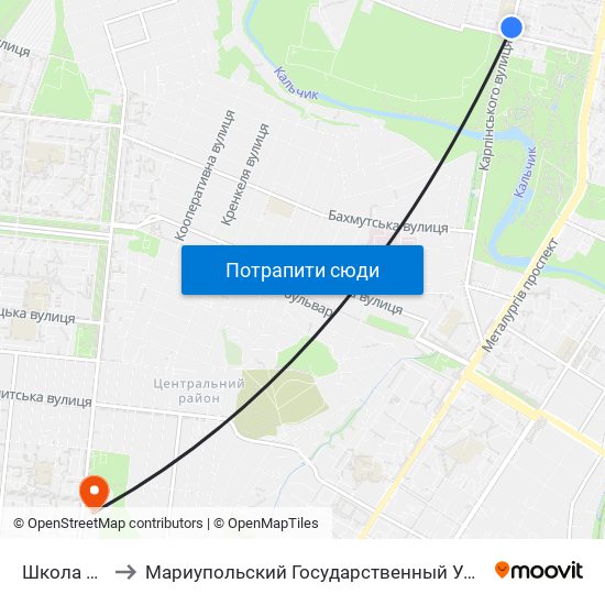 Школа №42 to Мариупольский Государственный Университет map