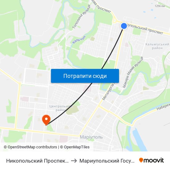 Никопольский Проспект (Нікопольський Проспект) to Мариупольский Государственный Университет map