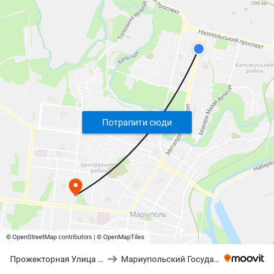 Прожекторная  Улица (Прожекторна Вулиця) to Мариупольский Государственный Университет map