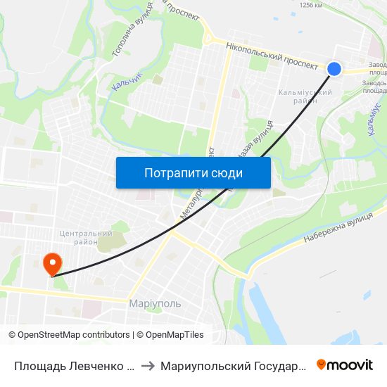 Площадь Левченко (Площа Левченка) to Мариупольский Государственный Университет map