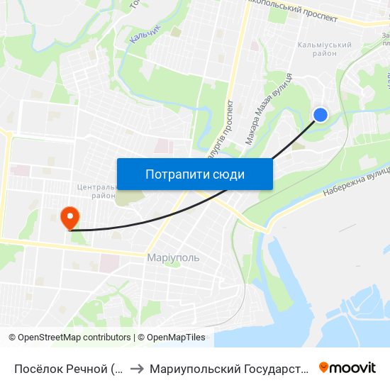 Посёлок Речной (Селище Річне) to Мариупольский Государственный Университет map