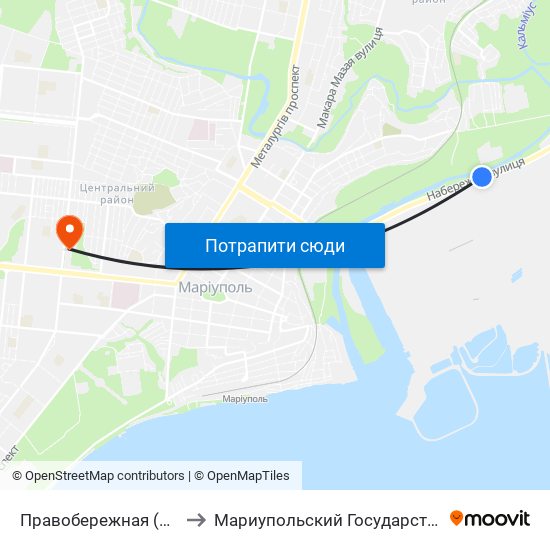 Правобережная (Правобережна) to Мариупольский Государственный Университет map