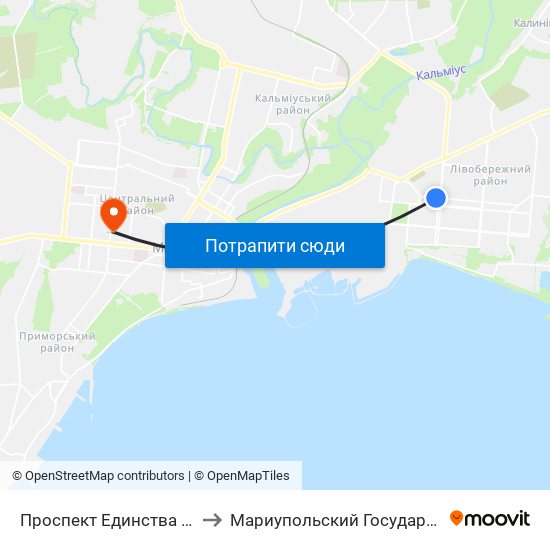 Проспект Единства (Проспект Єдності) to Мариупольский Государственный Университет map