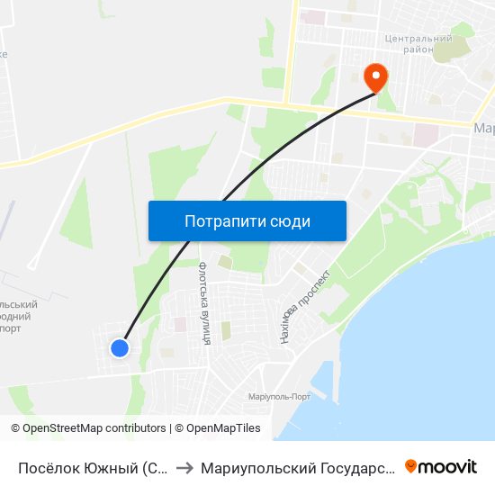 Посёлок Южный (Селище Південне) to Мариупольский Государственный Университет map