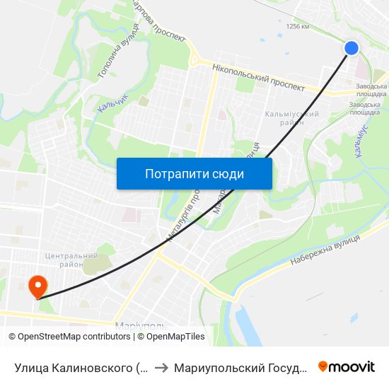 Улица Калиновского (Вулиця Калиновського) to Мариупольский Государственный Университет map