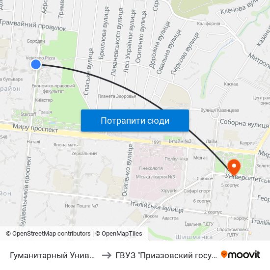Гуманитарный Университет (Гуманітарний Університет) to ГВУЗ "Приазовский государственный технический университет" map