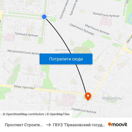 Проспект Строителей (Проспект Будівельників) to ГВУЗ "Приазовский государственный технический университет" map