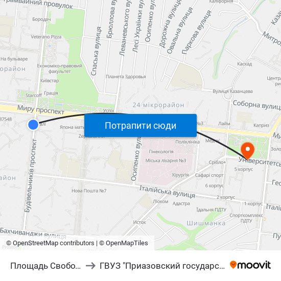 Площадь Свободы (Площа Свободи) to ГВУЗ "Приазовский государственный технический университет" map
