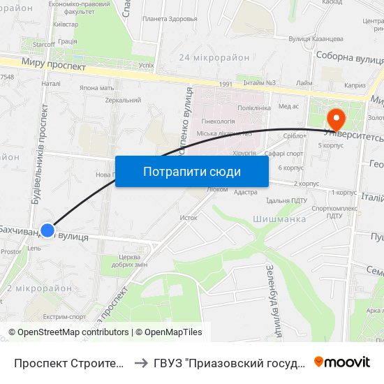 Проспект Строителей (Проспект Будівельників) to ГВУЗ "Приазовский государственный технический университет" map