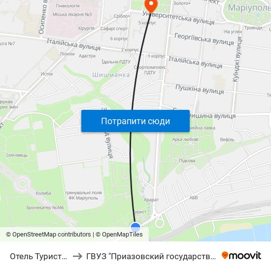 Отель Турист (Готель Турист) to ГВУЗ "Приазовский государственный технический университет" map