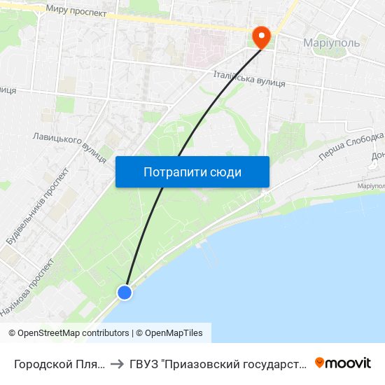 Городской Пляж (Міський Пляж) to ГВУЗ "Приазовский государственный технический университет" map