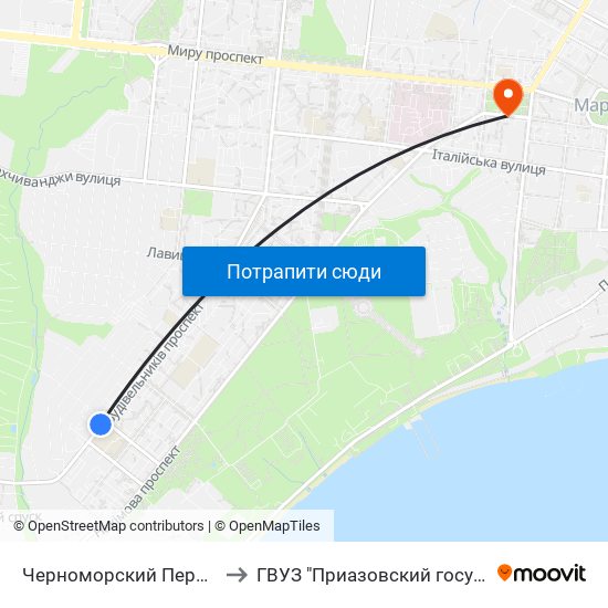 Черноморский Переулок (Чорноморський Провулок) to ГВУЗ "Приазовский государственный технический университет" map