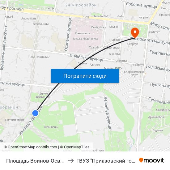 Площадь Воинов-Освободителей (Площа Воїнів-Визволителів) to ГВУЗ "Приазовский государственный технический университет" map