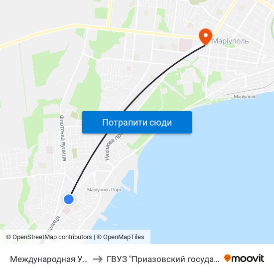 Международная Улица (Міжнародна Вулиця) to ГВУЗ "Приазовский государственный технический университет" map