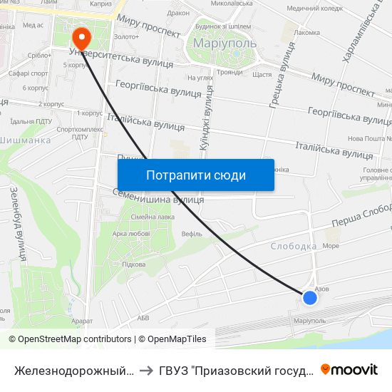 Железнодорожный Вокзал (Залізничний Вокзал) to ГВУЗ "Приазовский государственный технический университет" map