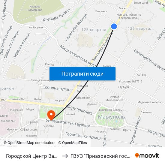 Городской Центр Занятости (Міський Центр Зайнятості) to ГВУЗ "Приазовский государственный технический университет" map