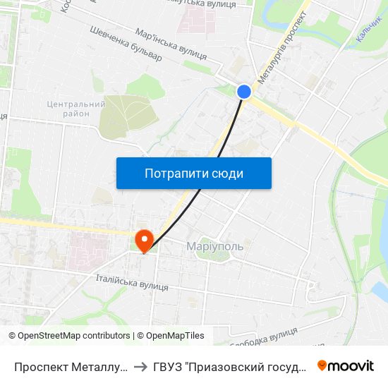 Проспект Металлургов (Проспект Металургів) to ГВУЗ "Приазовский государственный технический университет" map