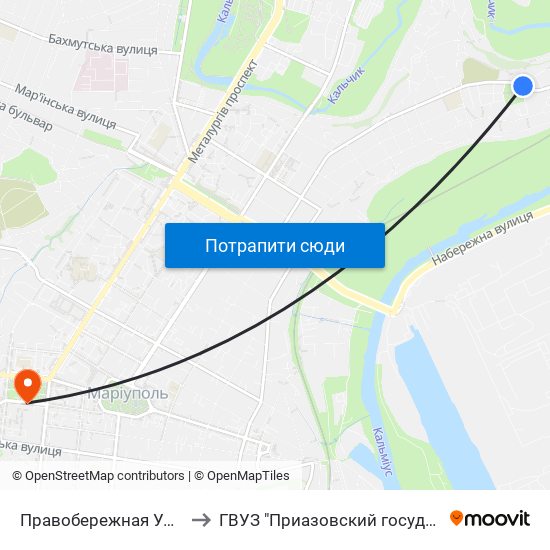 Правобережная Улица (Правобережна Вулиця) to ГВУЗ "Приазовский государственный технический университет" map