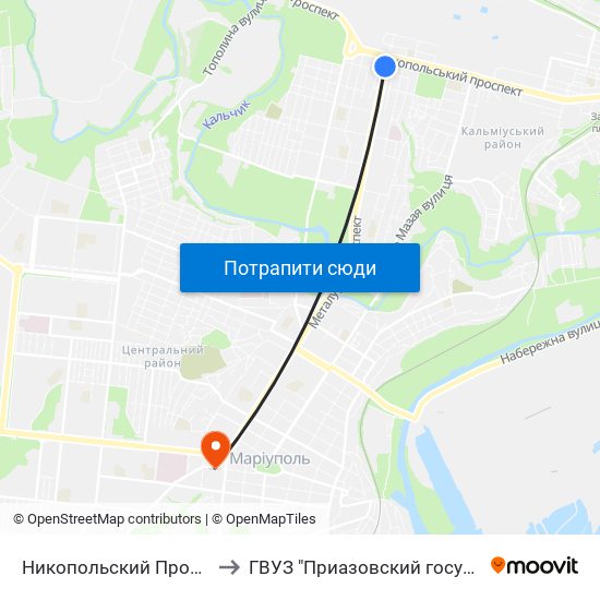 Никопольский Проспект (Нікопольський Проспект) to ГВУЗ "Приазовский государственный технический университет" map