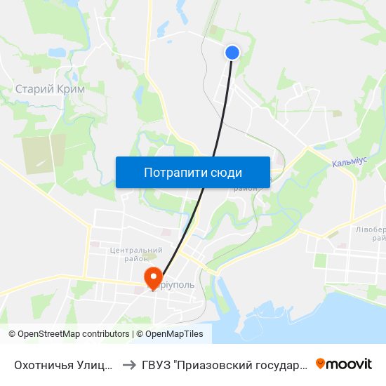 Охотничья Улица (Мисливська Вулиця) to ГВУЗ "Приазовский государственный технический университет" map