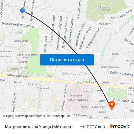 Митрополитская Улица (Митрополитська Вулиця) to ПГТУ корпус 1 map