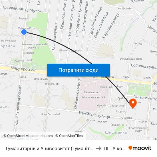 Гуманитарный Университет (Гуманітарний Університет) to ПГТУ корпус 1 map