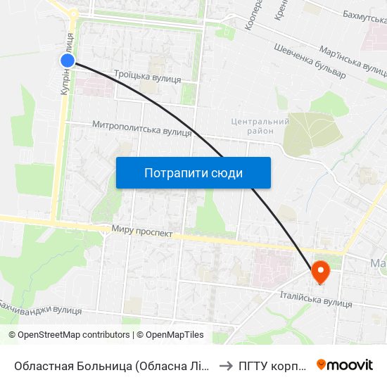 Областная Больница (Обласна Лікарня) to ПГТУ корпус 1 map