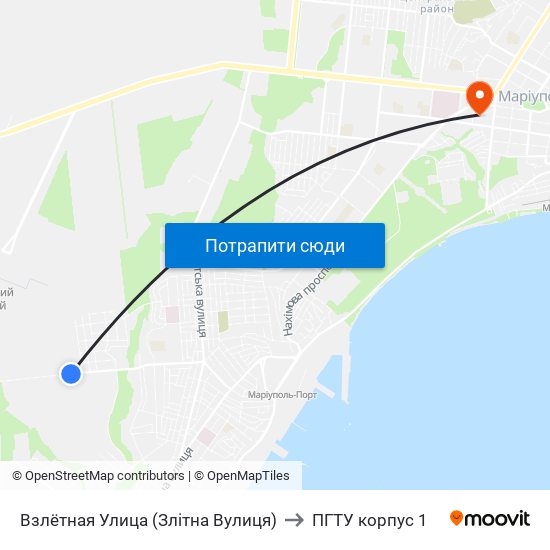 Взлётная Улица (Злітна Вулиця) to ПГТУ корпус 1 map