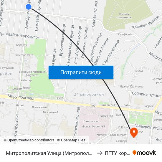 Митрополитская Улица (Митрополитська Вулиця) to ПГТУ корпус 1 map