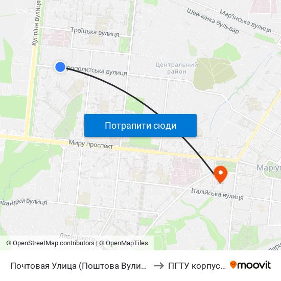 Почтовая Улица (Поштова Вулиця) to ПГТУ корпус 1 map