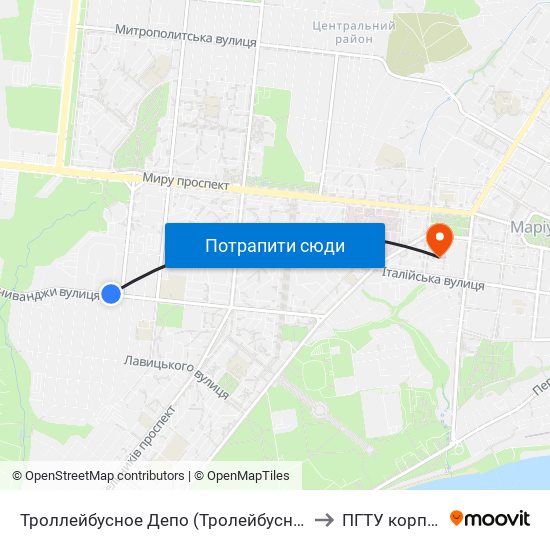 Троллейбусное Депо (Тролейбусне Депо) to ПГТУ корпус 1 map