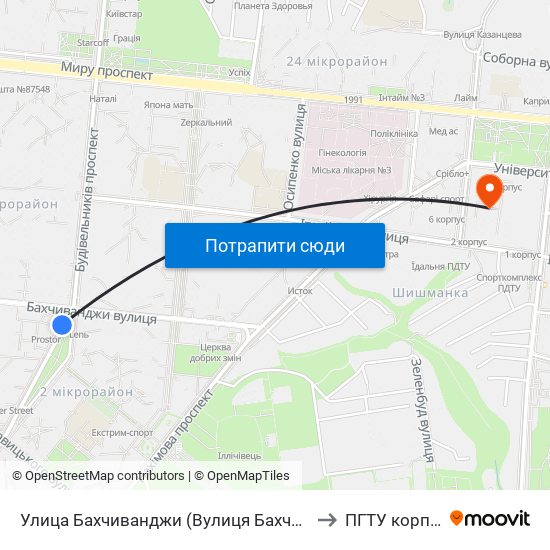 Улица Бахчиванджи (Вулиця Бахчиванджи) to ПГТУ корпус 1 map