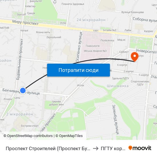Проспект Строителей (Проспект Будівельників) to ПГТУ корпус 1 map