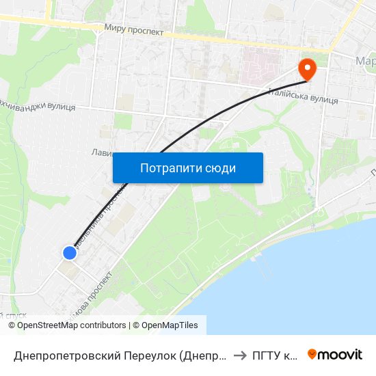 Днепропетровский Переулок (Днепропетровський Провулок) to ПГТУ корпус 1 map