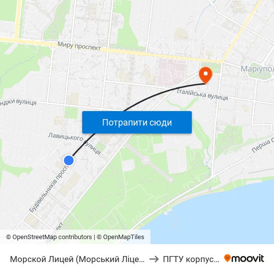 Морской Лицей (Морський Ліцей) to ПГТУ корпус 1 map