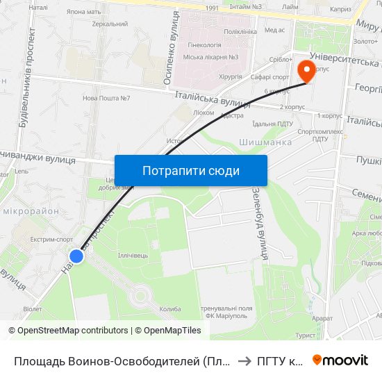 Площадь Воинов-Освободителей (Площа Воїнів-Визволителів) to ПГТУ корпус 1 map