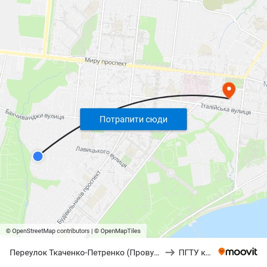 Переулок Ткаченко-Петренко (Провулок Ткаченка-Петренка) to ПГТУ корпус 1 map