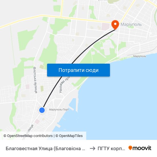 Благовестная Улица (Благовісна Вулиця) to ПГТУ корпус 1 map