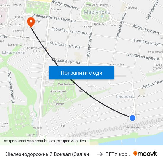 Железнодорожный Вокзал (Залізничний Вокзал) to ПГТУ корпус 1 map