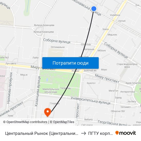 Центральный Рынок (Центральний Ринок) to ПГТУ корпус 1 map