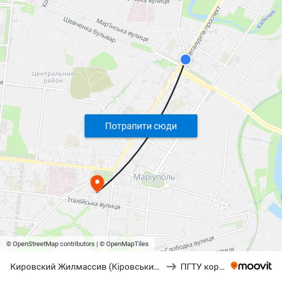 Кировский Жилмассив (Кіровський Житмасив) to ПГТУ корпус 1 map