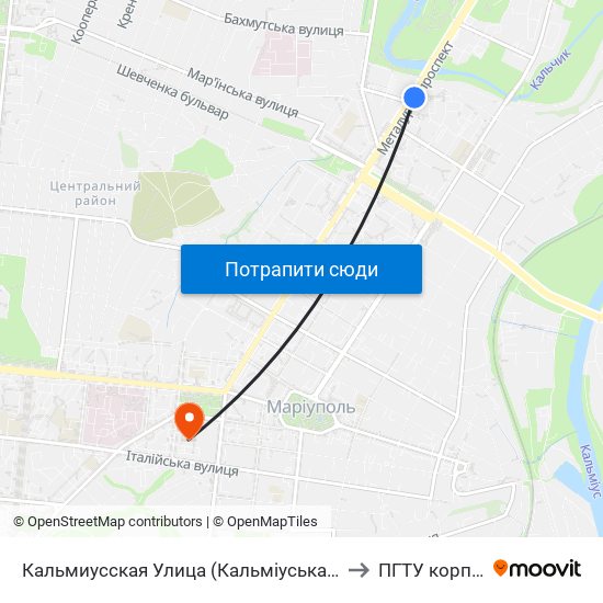 Кальмиусская Улица (Кальміуська Вулиця) to ПГТУ корпус 1 map