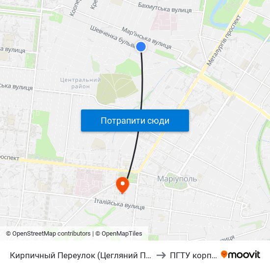 Кирпичный Переулок (Цегляний Провулок) to ПГТУ корпус 1 map