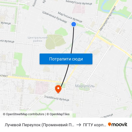 Лучевой Переулок (Променевий Провулок) to ПГТУ корпус 1 map