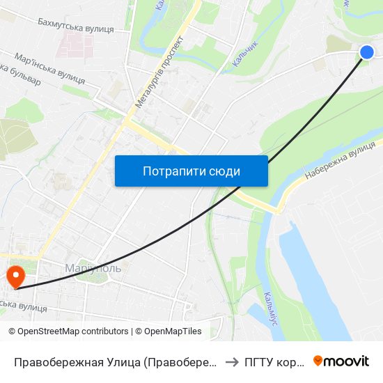 Правобережная Улица (Правобережна Вулиця) to ПГТУ корпус 1 map