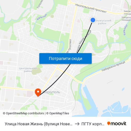 Улица Новая Жизнь (Вулиця Нове Життя) to ПГТУ корпус 1 map