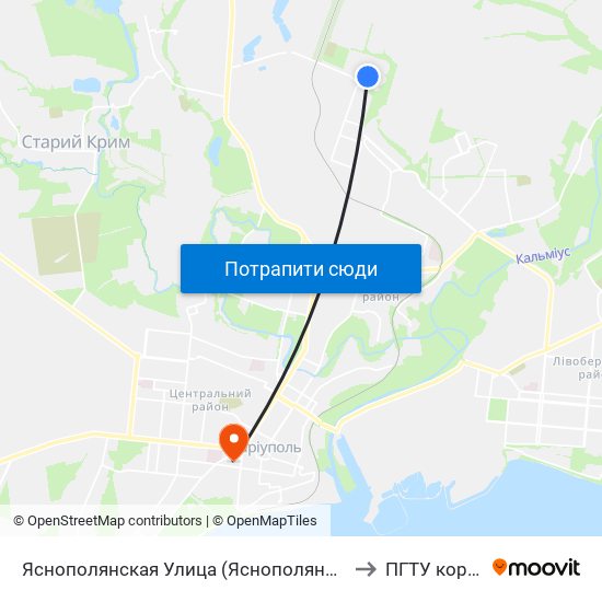 Яснополянская Улица (Яснополянська Вулиця) to ПГТУ корпус 1 map