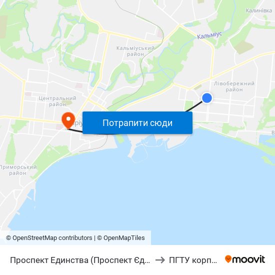 Проспект Единства (Проспект Єдності) to ПГТУ корпус 1 map